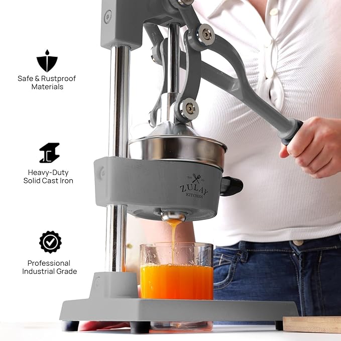 Zulay Kitchen Cast Iron Juicer - Easy-to-Clean Heavy-Duty Manual Juicer, Professional Citrus Juicer - Stainless Steel Lemon Squeezer - Manual Citrus Press & Orange Squeezer - Orange Juicer (Gray)