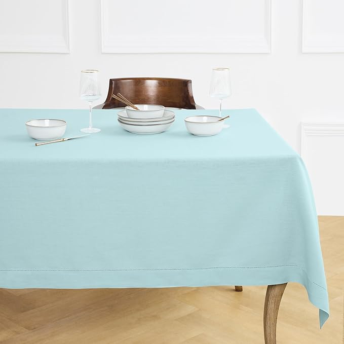 Solino Home Linen Tablecloth for Rectangle Tables 60 x 120 Inch - Classic Hemstitch 100% Pure Linen Aqua Blue Table Cloth - Machine Washable Cloth Tablecloth for Spring, Easter