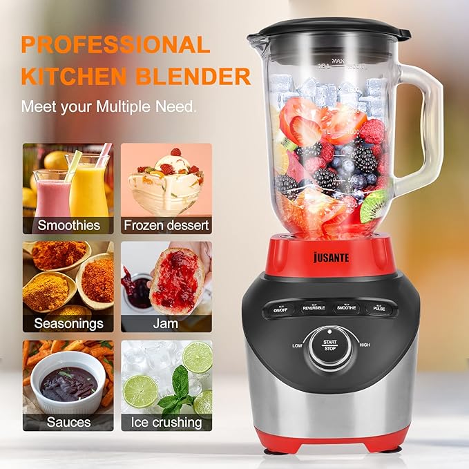 Blender, Countertop Blender for Smoothies with 64 oz Glass Jar Kitchen, 1200 Watts High Speed Juicer Blender Ice Crusher for Shakes Frozen Drinks (Red)