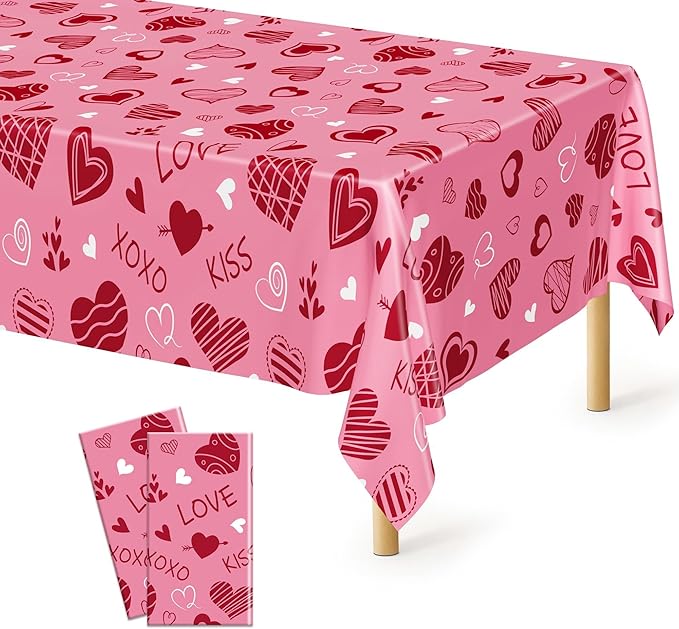 2 Pack Valentines Tablecloth, Disposable Romantic Love Tablecloths, 54" X 108" Plastic Valentines Decorations, Red Pink Galentines Decorations, Heart-shaped Table Cloths for Love Engagement Party