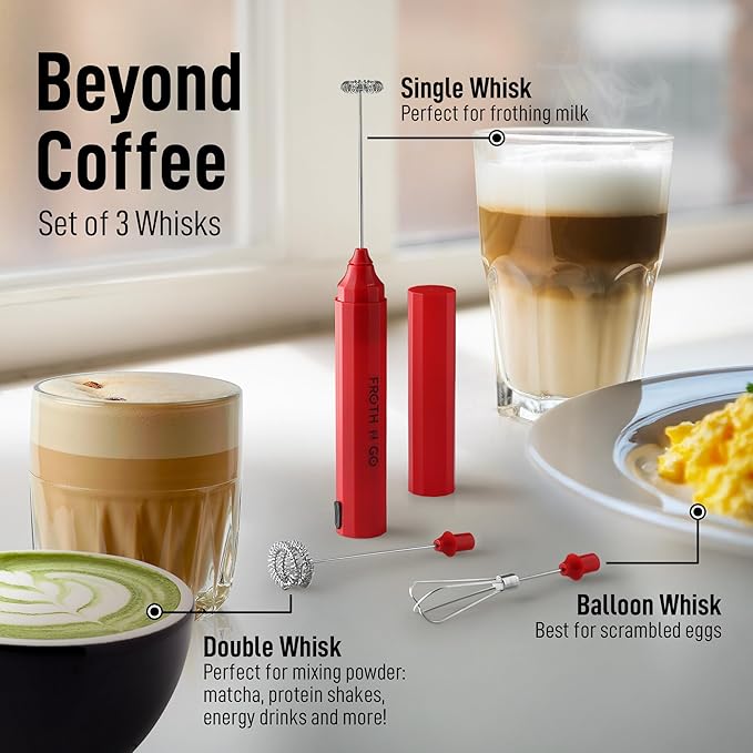 Zulay Froth N Go Milk Frother ??Rechargeable 3-in-1 Handheld Frother Wand with Travel Case & USB-C Charger ??Single, Double & Egg Whisk for Latte, Cappuccino, Matcha, Protein Shakes ??Red
