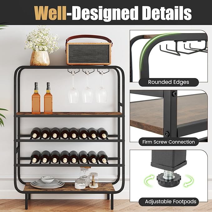 GOFLAME 16 Bottle Wine Rack, Freestanding Floor 5-Tier Wine Display Shelf w/Glass Holders, Metal Frame Industrial Liquor Display Stand with Storage Shelf for Kitchen, Home Bar