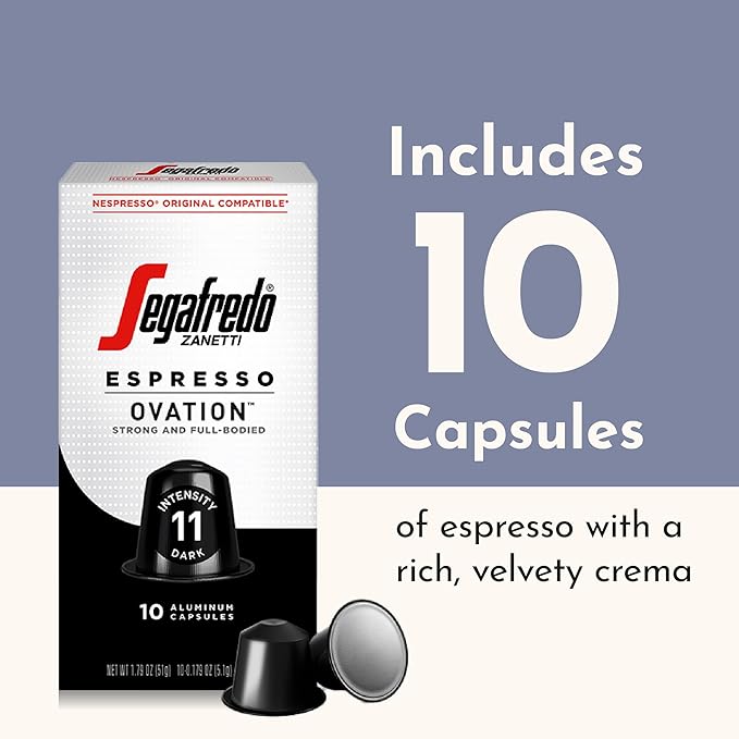 Segafredo Zanetti Espresso Capsules ??Aluminum Pods for Nespresso Original Machines ??Dark Roast Premium Espresso with a Full-Bodied Aroma ??Strong, Intensity 11 ??Ovation, 10 Count (Pack of 2)