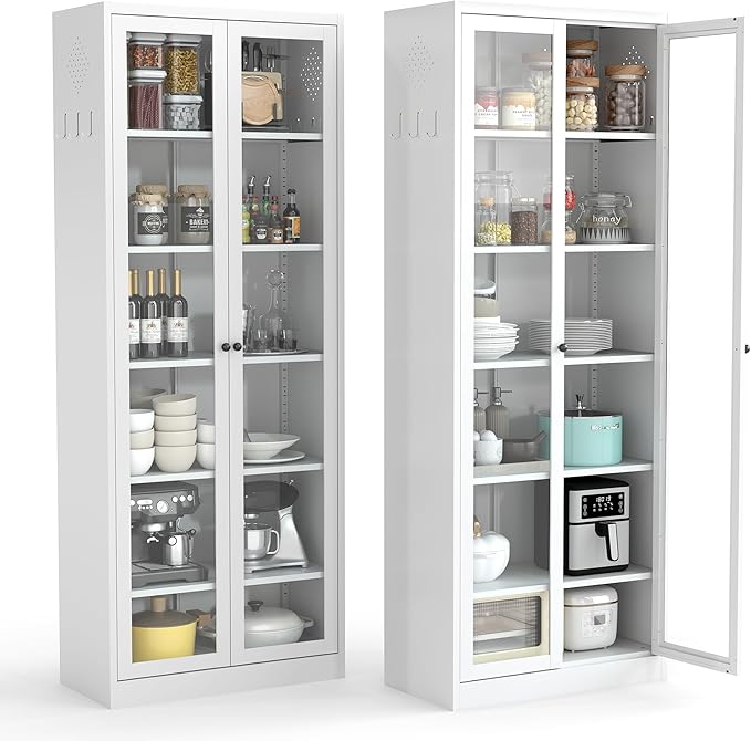 Display Cabinet with Glass Doors 71" Tall Metal Kitchen Storage Pantry with Adjustable Shelves, Curio Storage Cabinet for Kitchen, Dining Room, Garage, Assembly Required