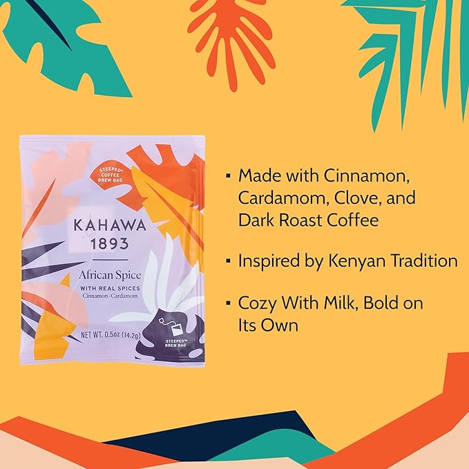 Kahawa 1893 Coffee Bags Medium Roast African Spice 12 Oz - With Cinnamon, Cardamom & Clove, As Seen on Shark Tank, High Antioxidants, Organically Grown, Ethically & Sustainably Sourced