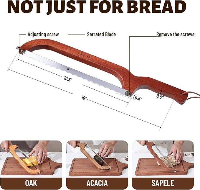 Sourdough bread knife,Bread Slicer for Homemade Bread,Adjustable blade tightness for Even Slicing, Serrated knife,Wooden Bread cutter with Bow Design (3, Natural Wood)