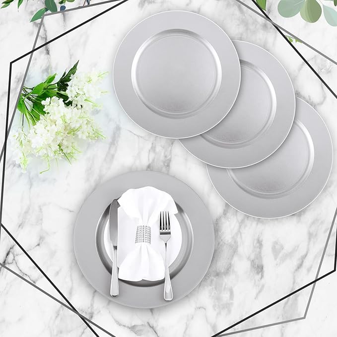 Tanlade 50 Pcs 13 Inch Charger Plates Bulk Round Wedding Chargers Plastic Dinner Plates for Table Setting Wedding Party Decoration (Silver White)