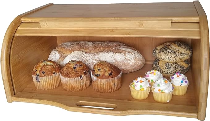 Large bread box bread basket wooden box storage boxes kitchen counter organizer, roll top breadbox. bread boxes for kitchen countertop. Bamboo wooden boxes. (Natural)
