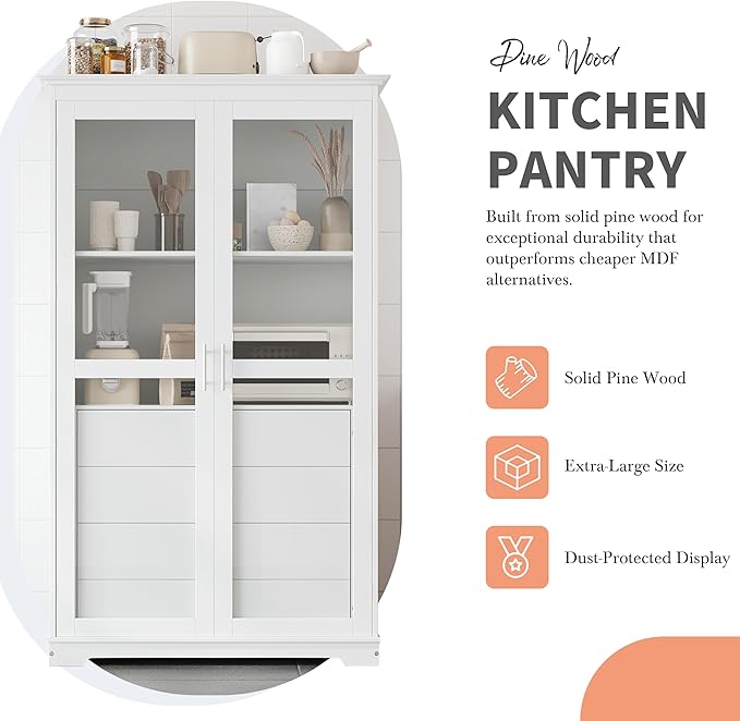 Zateety 73.2" Kitchen Pantry, Freestanding Kitchen Storage Cabinet Display Cabinet with Glass Doors and 4 Built-in Drawers for Living Room, Home Office, White
