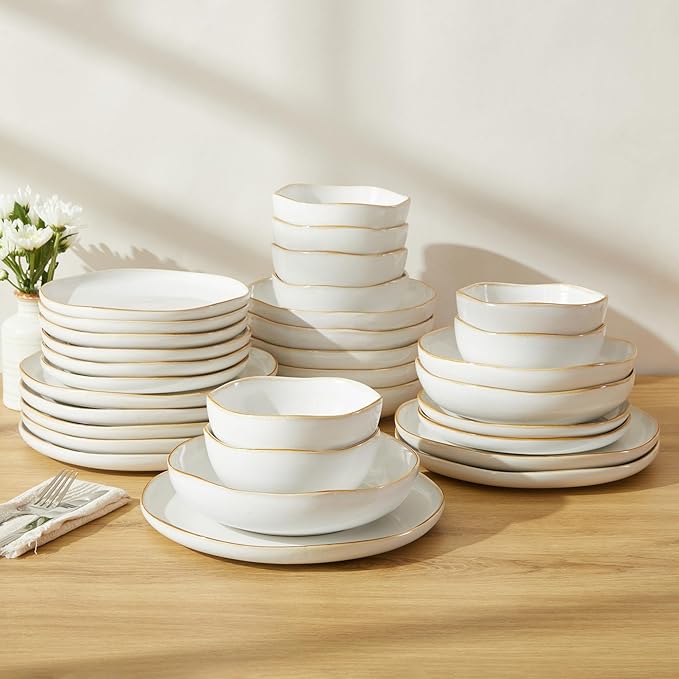 32 Piece White Dinnerware Set with Pasta Bowls, Reactive Glaze Stoneware for 8 | Perfect for Multi?멌ourse Dinners, Hosting Large Groups, Holiday Serving Needs