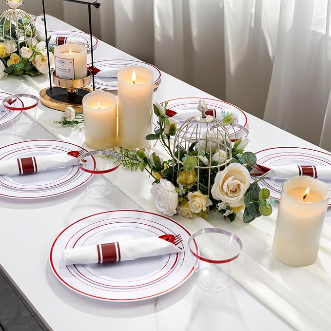 WELLIFE 350-Piece Red Plastic Party Dishware Set - 50 Dinner Plates, 50 Dessert Plates, 50 Cups, 50 Plastic Cutlery