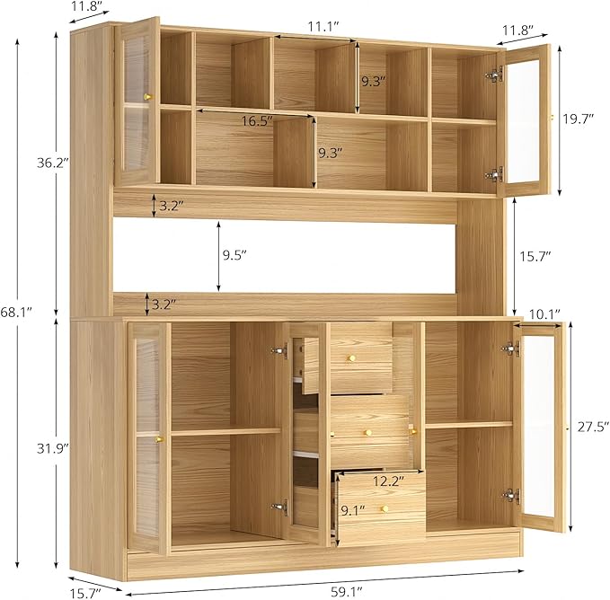 VOWNER Large Kitchen Hutch Cabinet, Kitchen Pantry Storage Cabinet with 6 Glass Doors, 3 Drawers & Microwave Shelf, Freestanding Cupboard for Open Storage, (Wood)