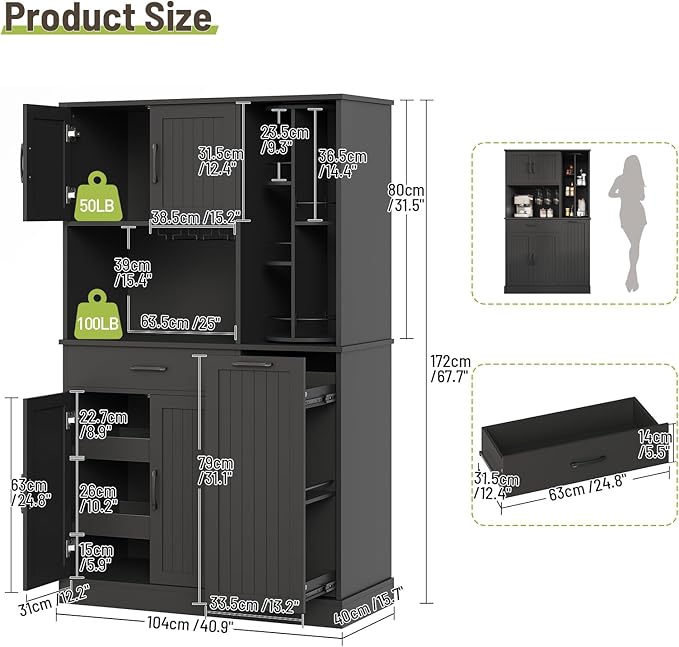 Pantry Cabinet, 67.7" Tall Kitchen Pantry Storage Cabinet with 360째 Rotating Shelf & 2 Pull-Out Racks, Freestanding Kitchen Hutch with Charging Station & Drawer, for Dining Room, Black