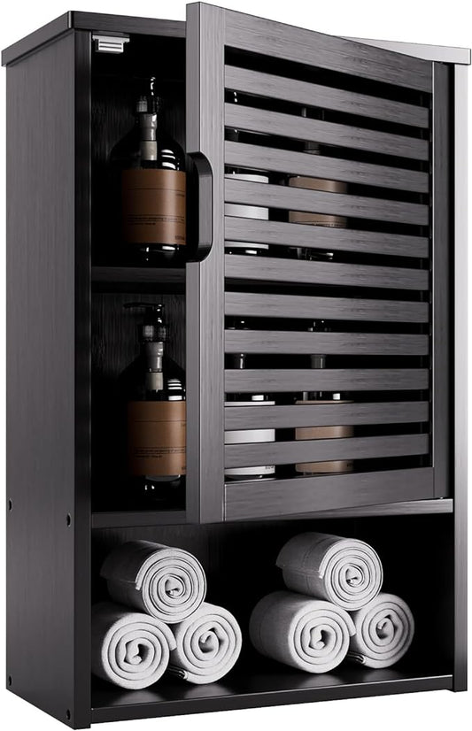 HITNET Bathroom Storage Cabinet Wall Mounted, Hanging Medicine Cabinet with Adjustable Shelf, Over The Toilet Space Saver Organizer, Black Bamboo Kitchen Cupboard, Single Door