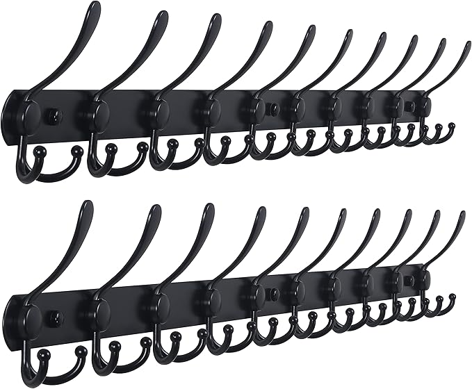 Dseap Coat Rack Wall Mount - 38??Long 10-Tri-Hooks Heavy Duty Coat Hanger Rail Wall Hooks for Hanging Coats Hats Clothing Clothes Purse Mudroom Entryway, Black, Pack of 2