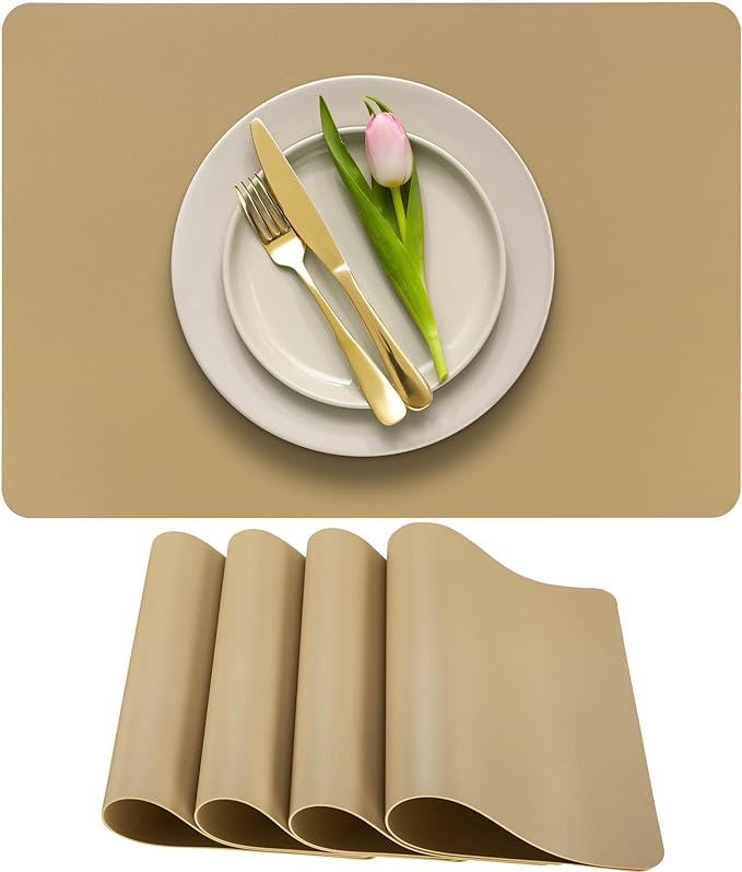 More D챕cor Faux Leather Placemats Set of 4 for Dining Table ??Waterproof, Wipeable, Washable, Stain & Heat Resistant, Non-Slip Table Mats ??12 X 17 Inch, (Solid Beige 4)