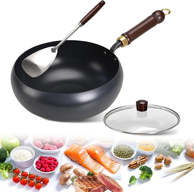 Japanese Iron Pan with Lid, Hand-Forged Uncoated Nonstick Frying Pan, 9.4 in Stir Fry Skillet for Gas Cooktops, Durable Rust-Free Iron Wok Pan (24cm) (24cm with lid)