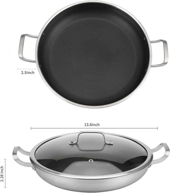 Tri-Ply Stainless Steel Paella Pan Large Saute Pan with Lid (Stainless Steel, Hybrid 13.5 INCH)