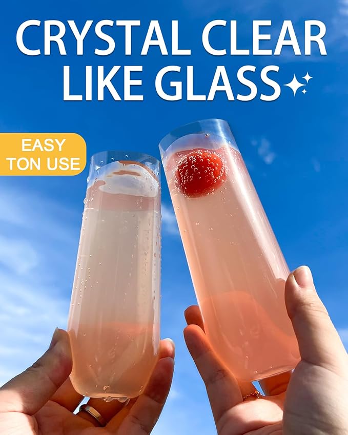 24 Pcak Champagne Flutes Plastic, 9 Oz Disposable Stemless Mimosa Clear Toasting Glasses, Clear Crystal Plastic Cocktail Cups for Party Wedding Birthday
