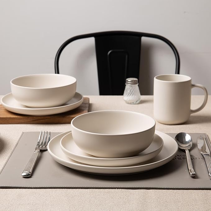 Furrnook 12-Piece Stoneware Dinnerware Set with Mugs | Microwave and Dishwasher Friendly | Stackable Matte Glaze Plates & Bowls | Service for 3 (White for 3)