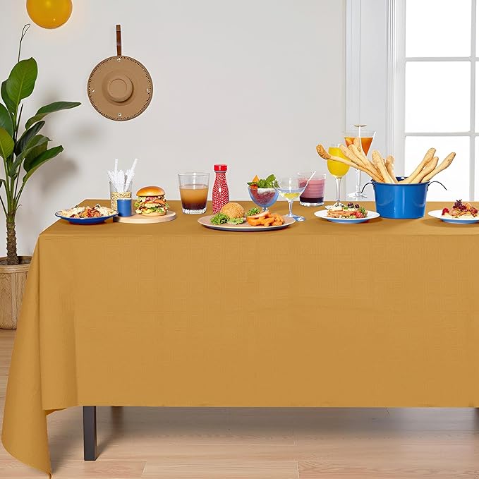 [6 Pack] Gold Paper Tablecloth Disposable for Rectangle Tables, 54 X 108 Inch Party Table Cover with Plastic Backing, Waterproof 3 Ply Table Cloth for Fall Thanksgiving Harvest