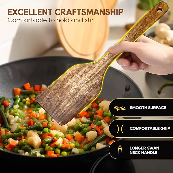 Wooden Utensil Set for Cooking, 5 Pcs Acacia Wood Spatulas for Kitchen use, Non Stick Wooden Kitchen Utensil Set of 5 including Spatula, Spoon, Slotted Turner