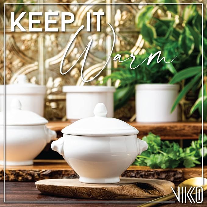 Vikko Soup Crocks With Lion Lids, 14 Ounce White Soup Bowl with Cover, Set of 6 Soup Dishes, Dishwasher Safe, Sturdy Design