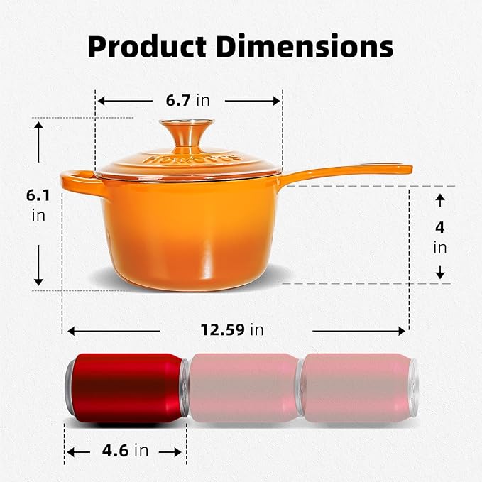 1.75QT Enameled Cast Iron Sauce Pan, Enameled Saucepan with Lid, Small Dutch Oven Cooking Kitchen Pot, Nonstick & Heavy Duty for Cooking Pasta Sauce, Gravy, Puddings, Marinate, Boiling - Orange
