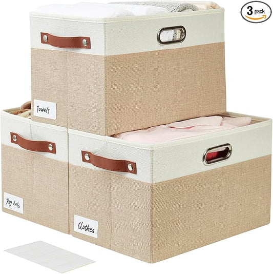 Bagnizer Large Collapsible Fabric Storage Bins with 3 Handles, Foldable Organizer Baskets for Closet, Shelves, Living Room | 3 Pack, Durable PU & Metal Handles (14.9"x9.8"x9.8", Beige & White)