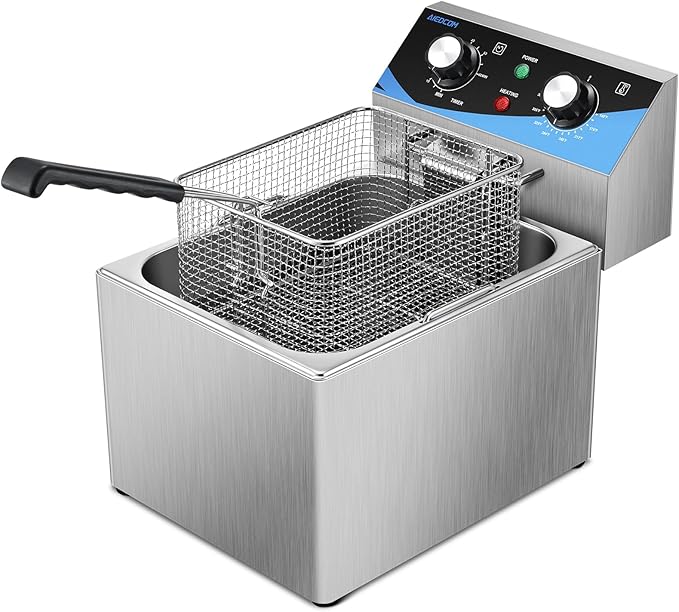 8L/8.45QT Stainless Steel Electric Deep Fryer with Basket & Lid, Single Tank Countertop Kitchen Frying Machine with Timer for Home Kitchen, Restaurant, Delis, 1800 Watts 110V