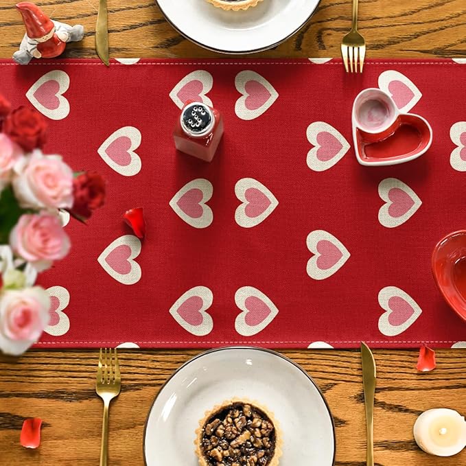 Artoid Mode Red Love Hearts Valentine's Table Runner, Wedding Kitchen Dining Table Decoration for Home Party Decor 13x48 Inch