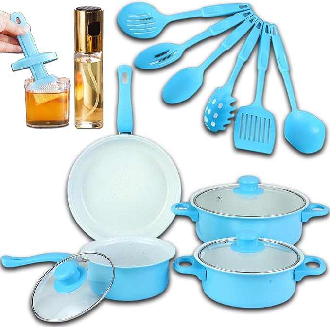 7-Piece Non-Stick Aluminum Cookware Set - Pots and Pans, Pot & Pan Sets Nonstick with Lids for Frying, Boiling, Stewing & Sauteing (Blue)