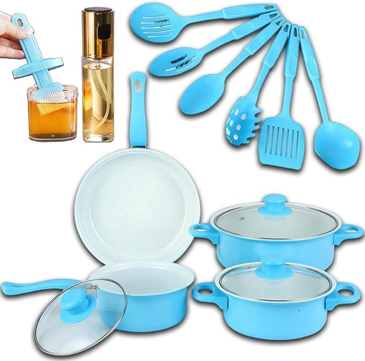 7-Piece Non-Stick Aluminum Cookware Set - Pots and Pans, Pot & Pan Sets Nonstick with Lids for Frying, Boiling, Stewing & Sauteing (Blue)