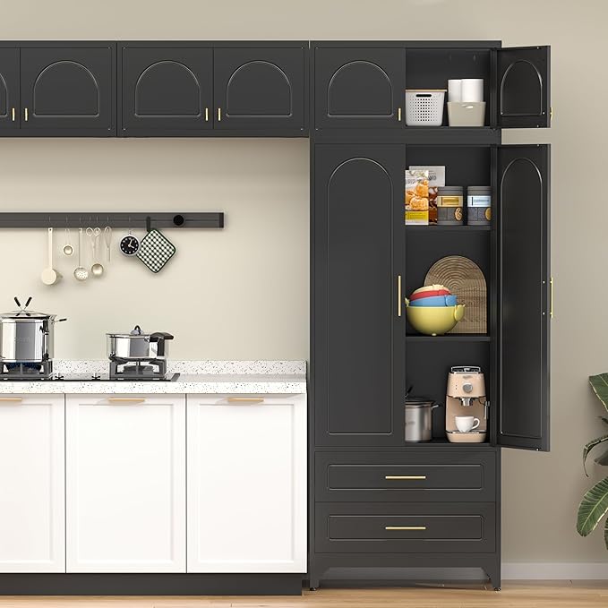90??Tall Kitchen Pantry Cabinet,Storage Cabinet with Doors and Adjustable Shelves,Modern Kitchen Hutch Cabinets,Freestanding Cupboard for Dining Room