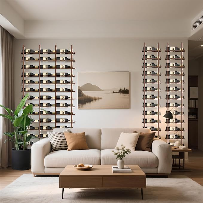 Wall Mounted Wine Rack, H 94.49inch, 16 Rows, Brown 48 Bottle Wine Cellar Racks, Metal Wine Bottle Holder for Home Bar, Wine Kitchen Storage (Brown, 3 Columns竊?8 Bottles竊?