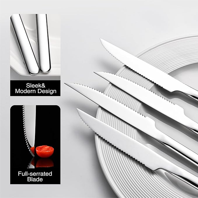 KINGSTONE Sharp Steak Knives, German Stainless Steel Steak Knife Set of 8 with Full-Serrated Blade, 9.4-Inch Sleek Design Table Knives, Mirror Polished