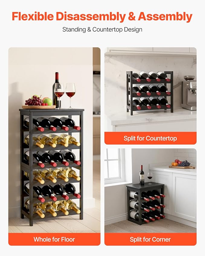 VEVOR 24 Bottle Detachable Wine Rack, 6-Tier Wine Bottle Holder,Solid Bamboo Wood Freestanding Floor Display Wine Storage Shelves with Table Top, for Kitchen,Cellar,Bar,Dining Room,Living Room(Black)