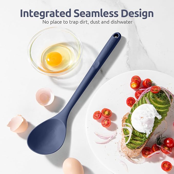 600쨘F Heat Resistant Silicone Spoon: U-Taste 13.3in Solid Kitchen Cooking Spoon, Nonstick Food Grade Large Soup Rubber Utensil for Mixing, Serving, Stirring, Basting, for Pot Cookware (Midnight Blue)