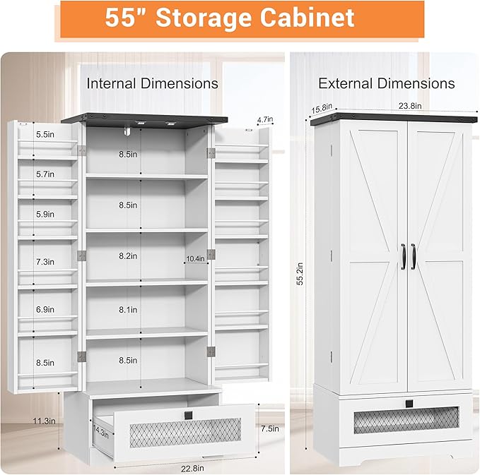 55" Pantry Storage Cabinet with Adjustable Shelvesand Drawer, Buffet Cupboard for Kitchen, LivingRoom, Bathroom, Dining Room