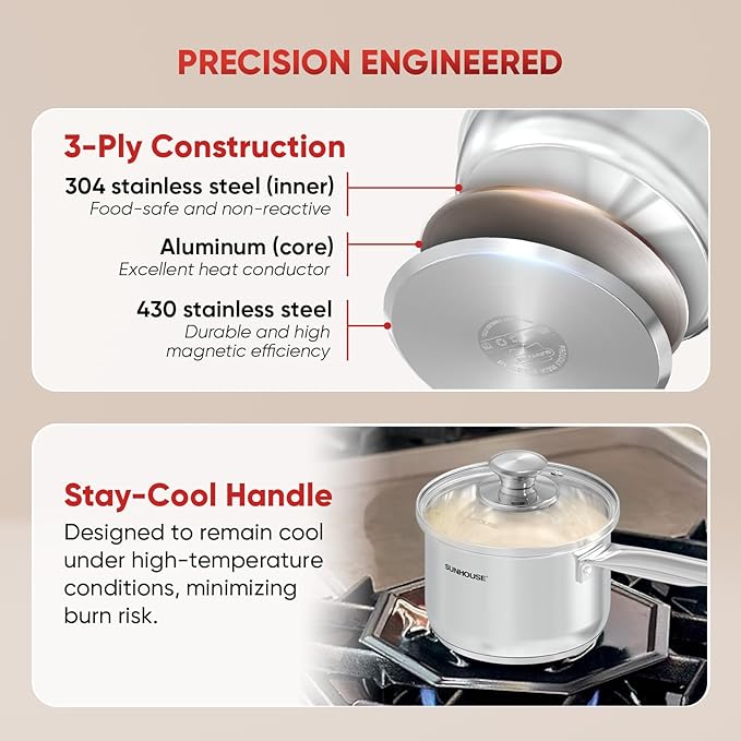 Sunhouse ??1.5 Quart Stainless Steel Sauce Pan with Lid - PFOA-FREE, Stainless Steel Sauce Pan, Induction base, Stay-Cool Handle, Compatible with All Cooktops Gas, Geramic, Electric etc.