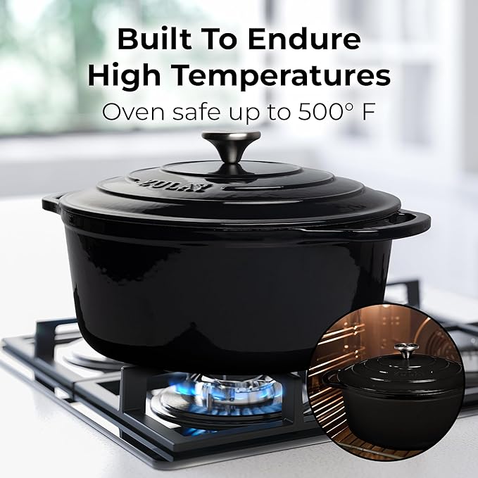 Zulay Kitchen 7.7 Quart Enameled Cast Iron Dutch Oven Pot with Lid ??Premium Durability & Oven Safe up to 500째F ??Heavy Duty Cookware Perfect for Bread Baking, Stews, Braising & Roasting ??Black