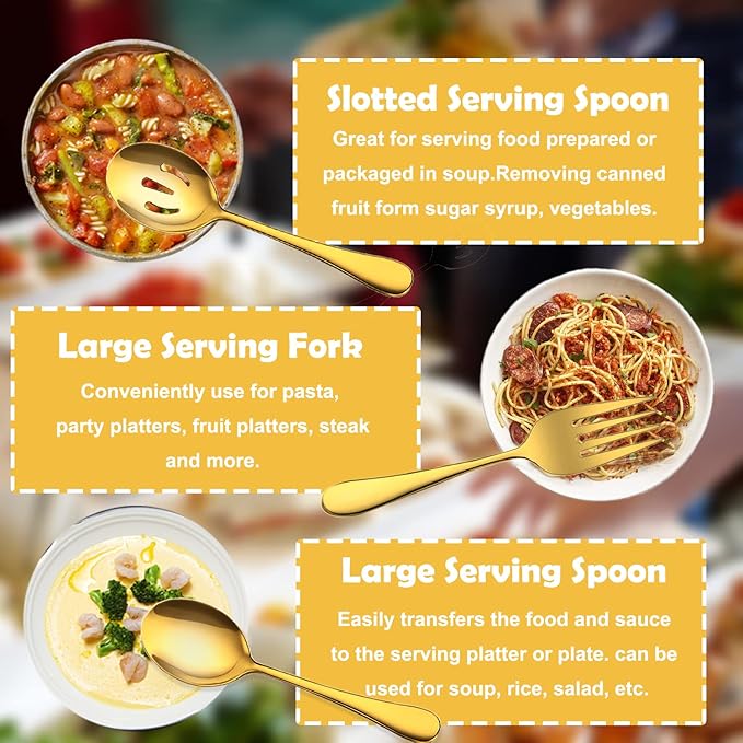 8 PCS Stainless Steel Serving Utensils, Large Serving Spoons Slotted Spoons, Forks, Ice Suger Tongs, Cake Server, Soup Ladle, Metal Utensils Set Great for Buffet Catering Banquet Party, Gold