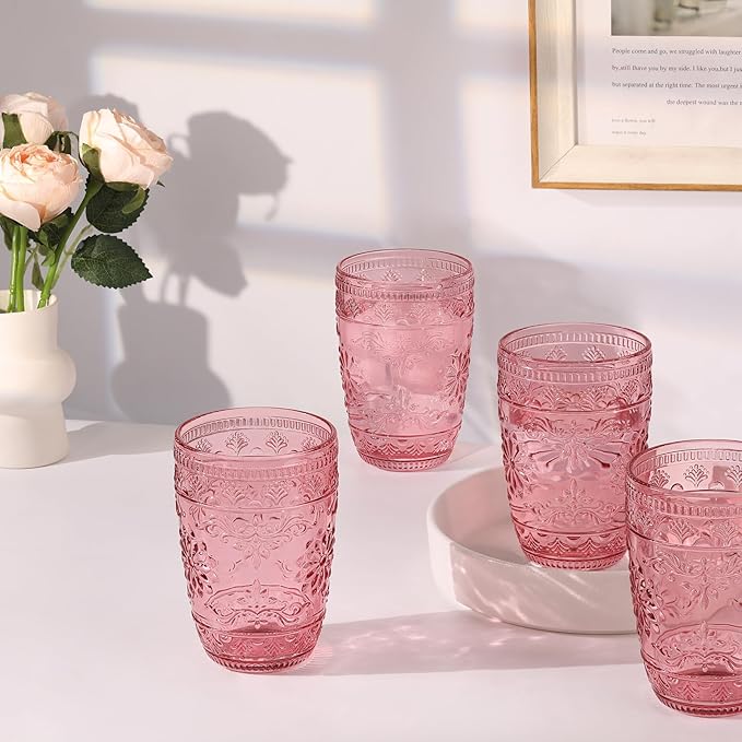 abrwyy Pink Glassware set of 6, Pink Drinking Glasses, Vintage Drinking Glasses, 14oz Colored Old Fashioned Glass Cups, Highball Glasses Set for Home Party Wedding