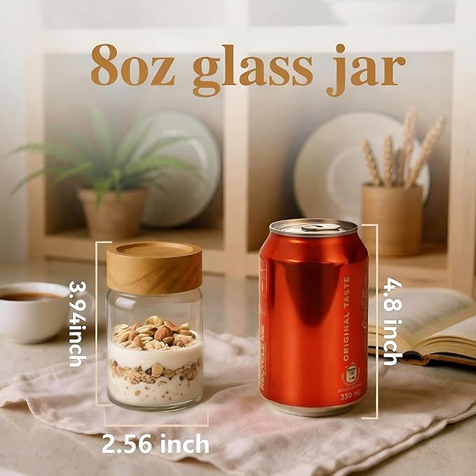 6pc 8oz Glass Mason Jars with Acacia Wood Airtight Lids - Food Storage Container Set, Clear Stackable Leakproof Kitchen Canisters for Meal Prep/Snack Organization/Spice Storage