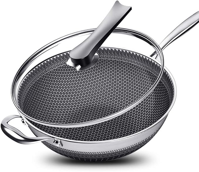 13.4??Stainless Steel Wok Pan with Lid ??Honeycomb Non Stick Stir Fry Pan for Induction, Gas, Electric & Ceramic Cooktops ??Tri-Ply Deep Frying Wok with Stay-Cool Handle, PFOA-Free