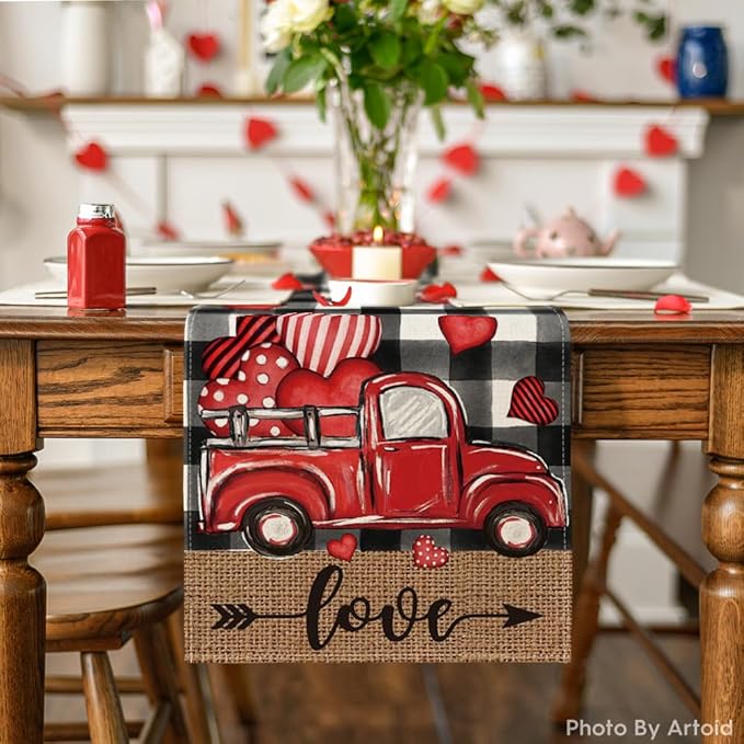 Artoid Mode Watercolor Buffalo Plaid Hearts Truck Love Valentine's Day Table Runner, Anniversary Wedding Kitchen Dining Table Decoration for Indoor Outdoor Home Decor 13 x 72 Inch
