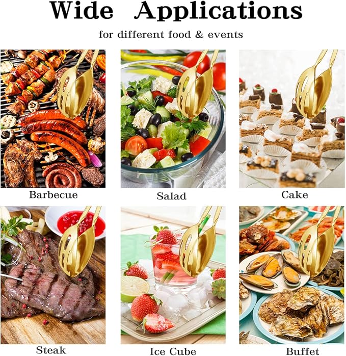2 Pieces Buffet Salad Tongs for Kitchen Serving and Cooking, Stainless Steel Food Scissor Tongs, Catering Utensil for Bread Cake Bake Steak Barbecue (Gold)