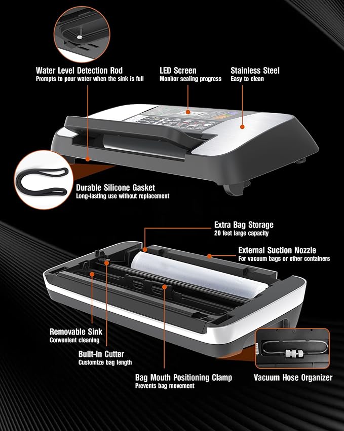 95KPa Food Vacuum Sealer Machine, 230W Vacuum Pack Machine 12-in-1 Automatic Powerful Food Preservation System with Double Heat Seal, Includes Built-in Cutter, Storage, 1 Roll & 10 Bags