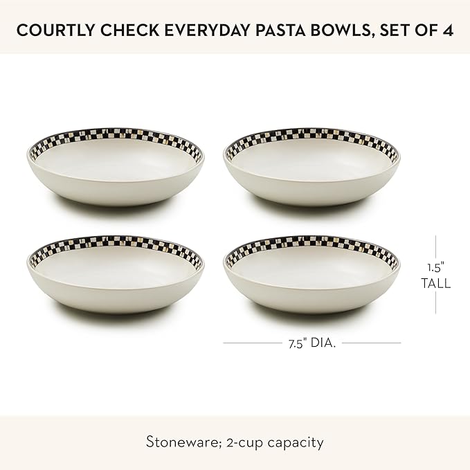 MACKENZIE-CHILDS Set of 4 Everyday Pasta Bowls, Microwave-Safe and Dishwasher-Safe Stoneware Bowls, Black-and-White Courtly Check