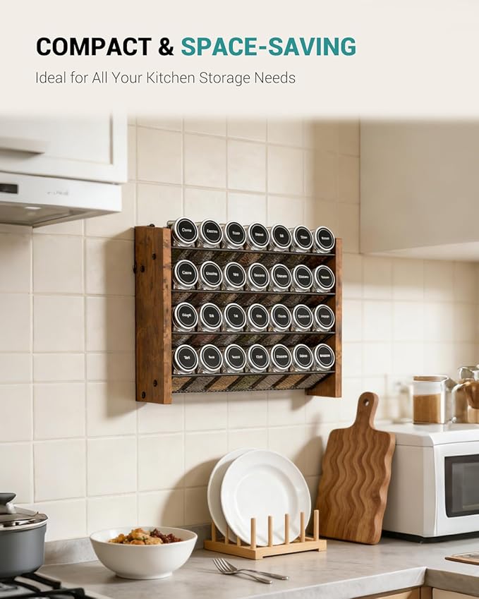 NESAPTO Spice Rack Organizer for Cabinet, Wooden 4 Tier Vertical Seasoning Organizers for Kitchen Pantry, Countertop/Wall Mount, Holds 28 Spice Jars (No Jars Included), 14" W 횞 9.4" H